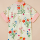 Gera Pink Floral Striped Patchwork Ruffled Collar Short Sleeve Shirt