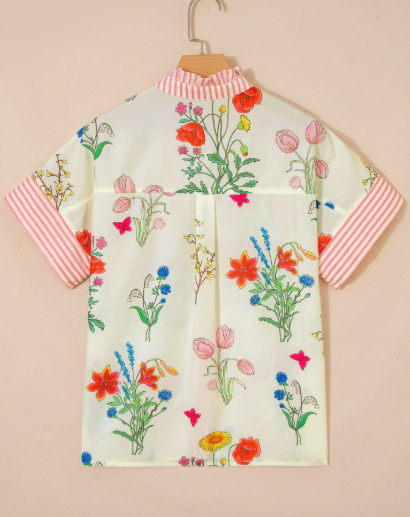 Gera Pink Floral Striped Patchwork Ruffled Collar Short Sleeve Shirt