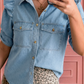 SALE!!!  Bessie Ruffle Detail Short Puff Sleeve Button Down Flap Pocket Denim Shirt