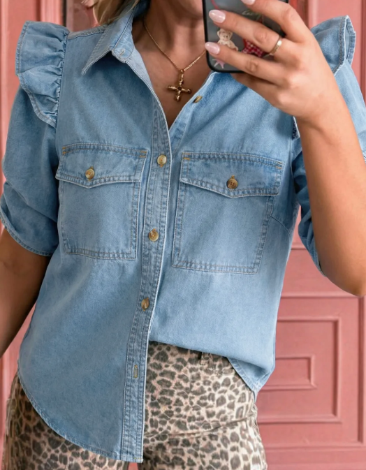 SALE!!!  Bessie Ruffle Detail Short Puff Sleeve Button Down Flap Pocket Denim Shirt