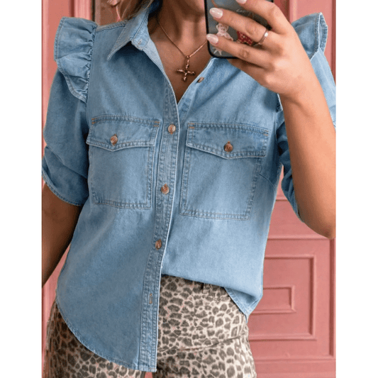 SALE!!!  Bessie Ruffle Detail Short Puff Sleeve Button Down Flap Pocket Denim Shirt