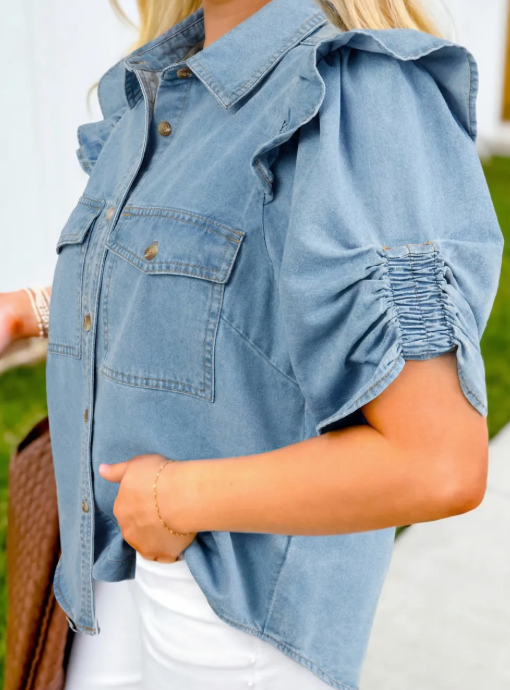 SALE!!!  Bessie Ruffle Detail Short Puff Sleeve Button Down Flap Pocket Denim Shirt
