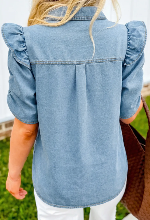 SALE!!!  Bessie Ruffle Detail Short Puff Sleeve Button Down Flap Pocket Denim Shirt