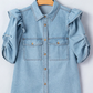 SALE!!!  Bessie Ruffle Detail Short Puff Sleeve Button Down Flap Pocket Denim Shirt