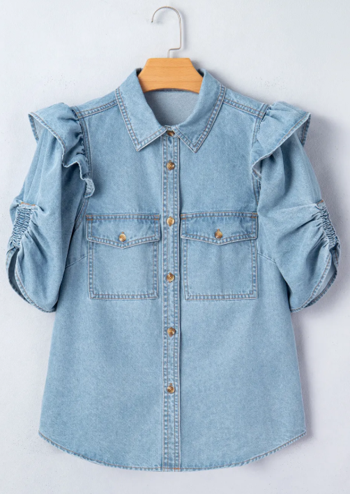 SALE!!!  Bessie Ruffle Detail Short Puff Sleeve Button Down Flap Pocket Denim Shirt
