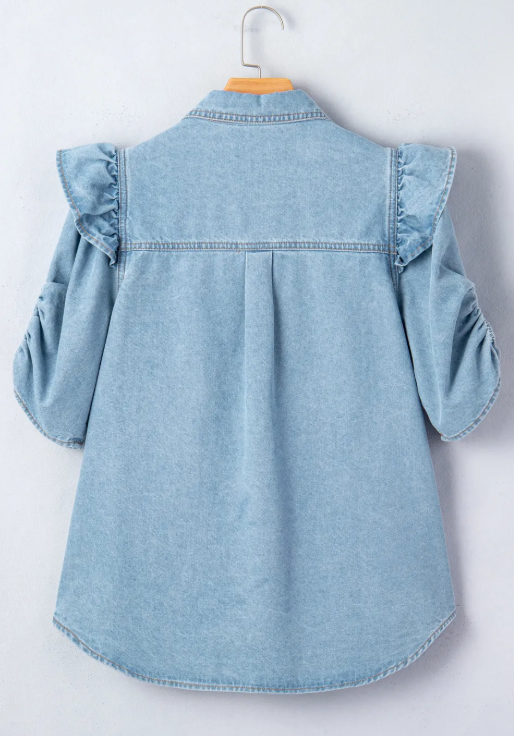 SALE!!!  Bessie Ruffle Detail Short Puff Sleeve Button Down Flap Pocket Denim Shirt