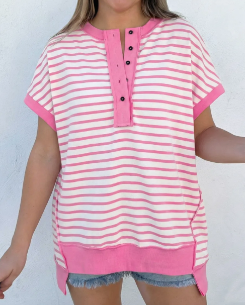SALE!!!  Courtney Pink Stripe Half Placket High Low Short Sleeve Top
