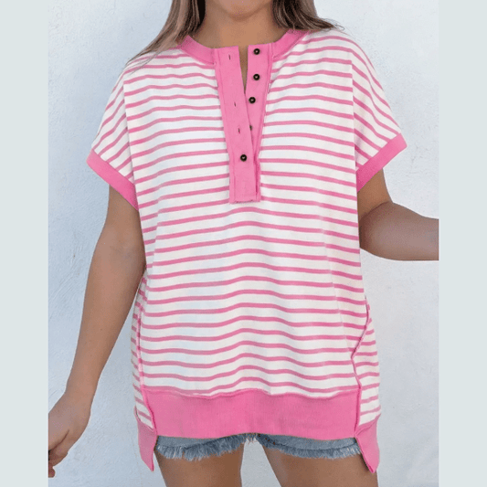 SALE!!!  Courtney Pink Stripe Half Placket High Low Short Sleeve Top