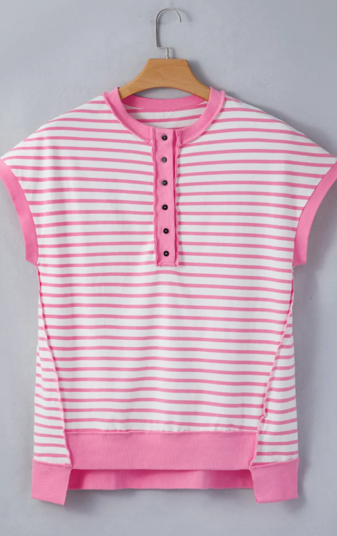 SALE!!!  Courtney Pink Stripe Half Placket High Low Short Sleeve Top