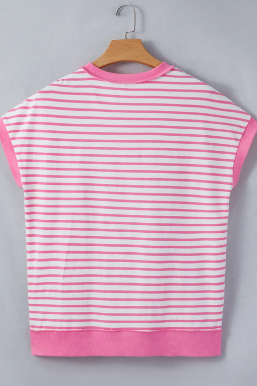 SALE!!!  Courtney Pink Stripe Half Placket High Low Short Sleeve Top