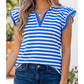 Taysha Blue Stripe Contrast Trim Polo Collar Ruffled Short Sleeve Blouse
