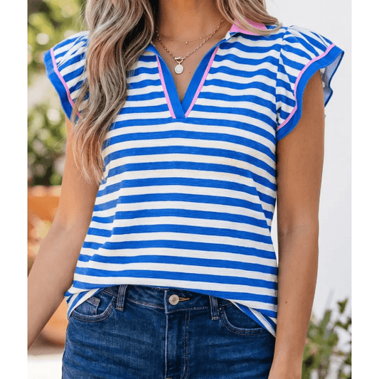 Taysha Blue Stripe Contrast Trim Polo Collar Ruffled Short Sleeve Blouse