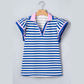 Taysha Blue Stripe Contrast Trim Polo Collar Ruffled Short Sleeve Blouse