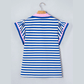 Taysha Blue Stripe Contrast Trim Polo Collar Ruffled Short Sleeve Blouse