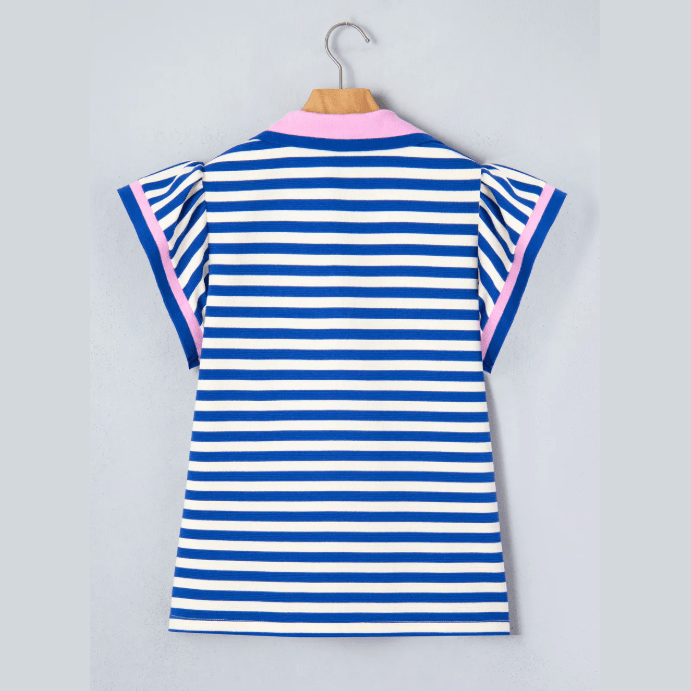 Taysha Blue Stripe Contrast Trim Polo Collar Ruffled Short Sleeve Blouse