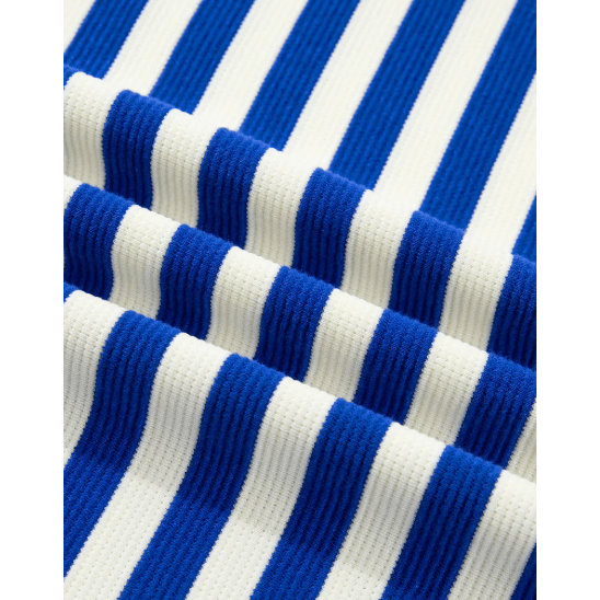 Taysha Blue Stripe Contrast Trim Polo Collar Ruffled Short Sleeve Blouse