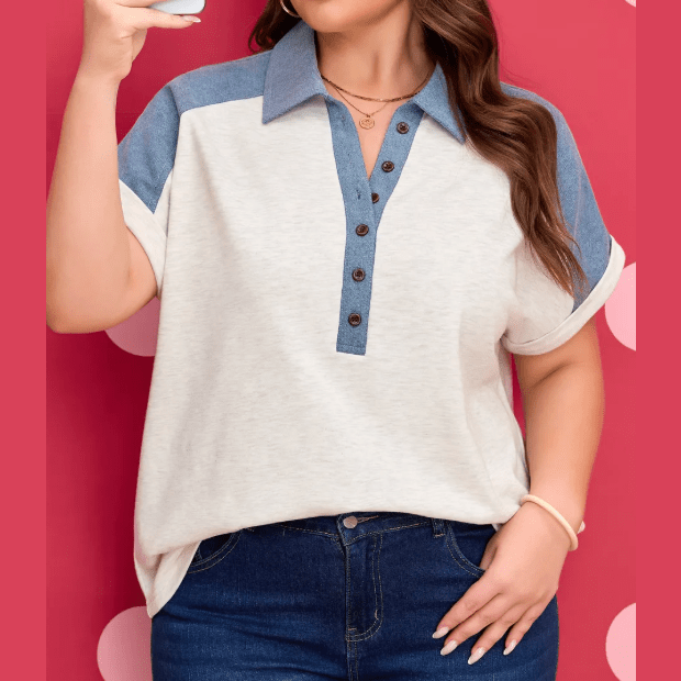Tirzah Plus Size Contrast Denim Patchwork Cuffed Sleeve Polo Tee