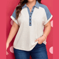 Tirzah Plus Size Contrast Denim Patchwork Cuffed Sleeve Polo Tee