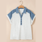 Tirzah Plus Size Contrast Denim Patchwork Cuffed Sleeve Polo Tee