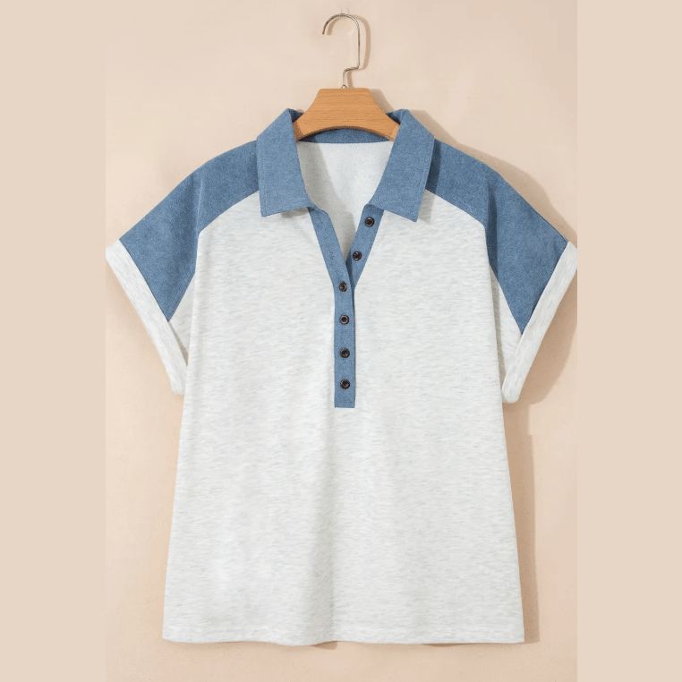 Tirzah Plus Size Contrast Denim Patchwork Cuffed Sleeve Polo Tee