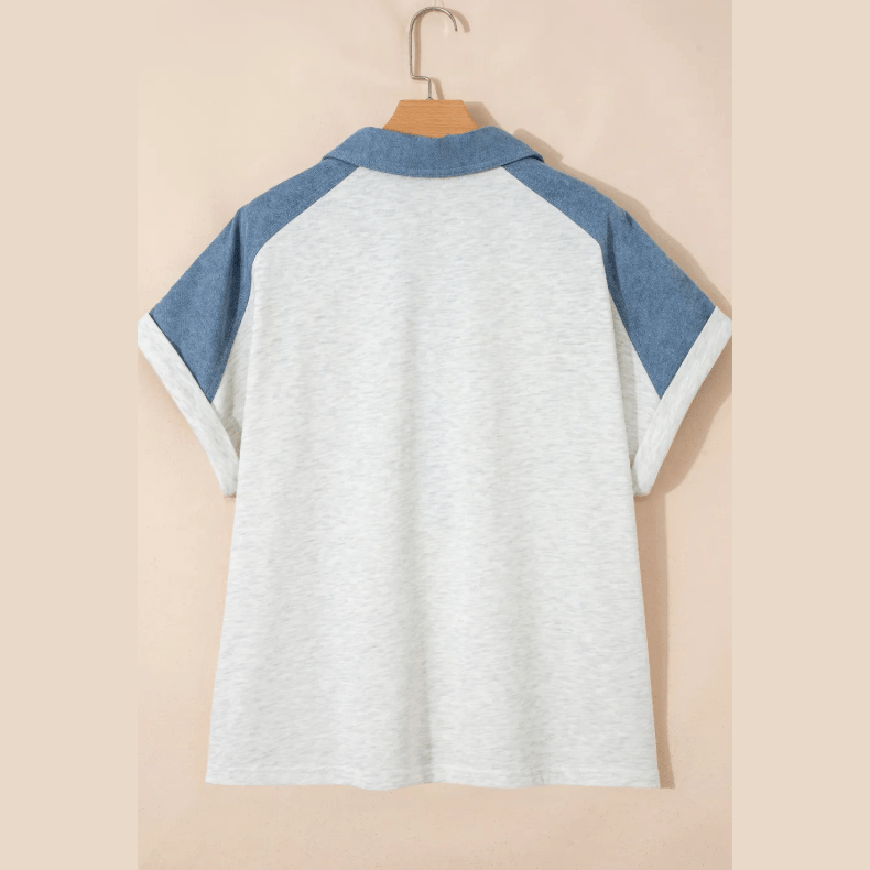 Tirzah Plus Size Contrast Denim Patchwork Cuffed Sleeve Polo Tee