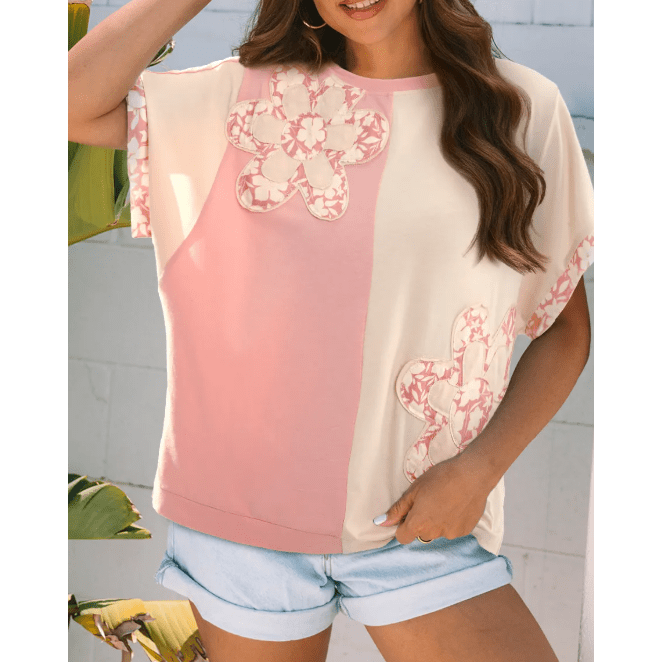 Mary Margaret Color Block Flower Patched Loose T Shirt