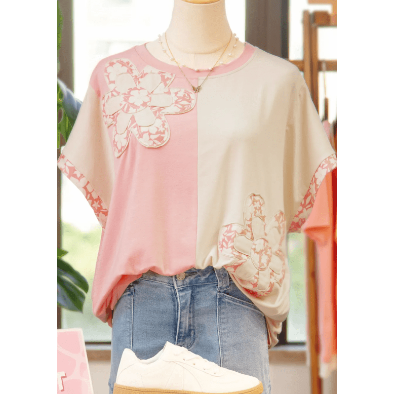 Mary Margaret Color Block Flower Patched Loose T Shirt