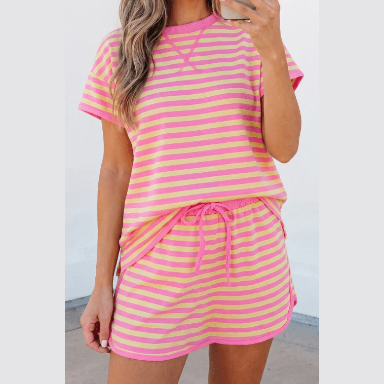 Beckah Pink Stripe Loose Short Sleeve Top and Skirt Set