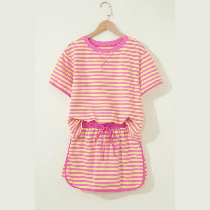 Beckah Pink Stripe Loose Short Sleeve Top and Skirt Set