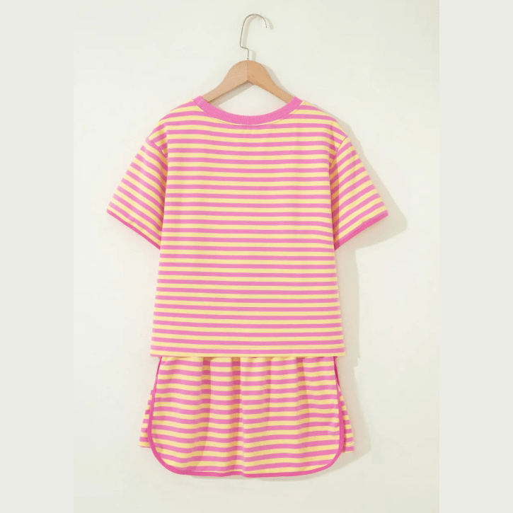 Beckah Pink Stripe Loose Short Sleeve Top and Skirt Set