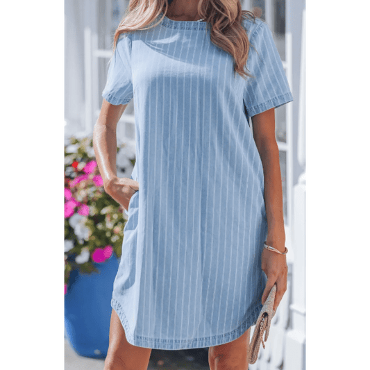 Courtnie Sky Blue Stripe Buttoned Back T-Shirt Denim Mini Dress