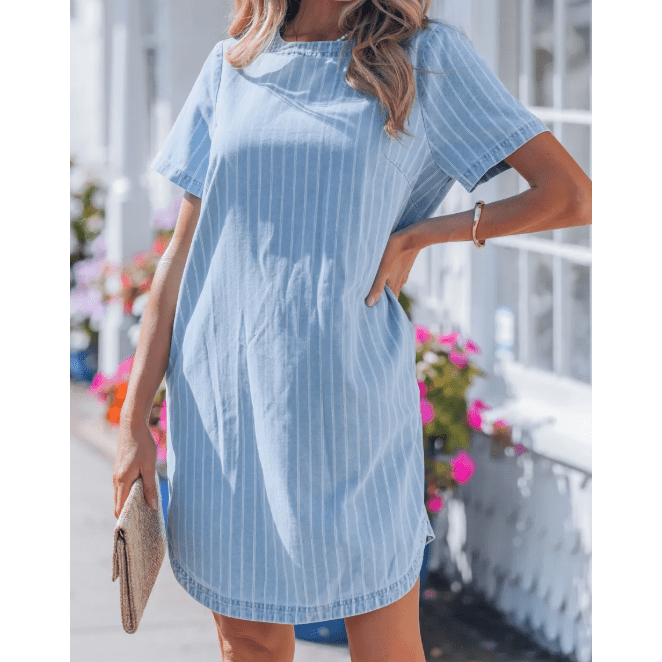 Courtnie Sky Blue Stripe Buttoned Back T-Shirt Denim Mini Dress