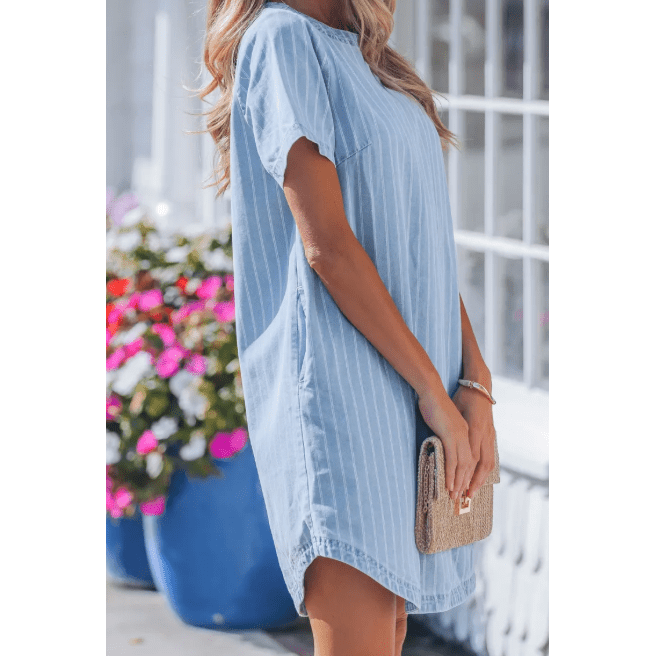 Courtnie Sky Blue Stripe Buttoned Back T-Shirt Denim Mini Dress