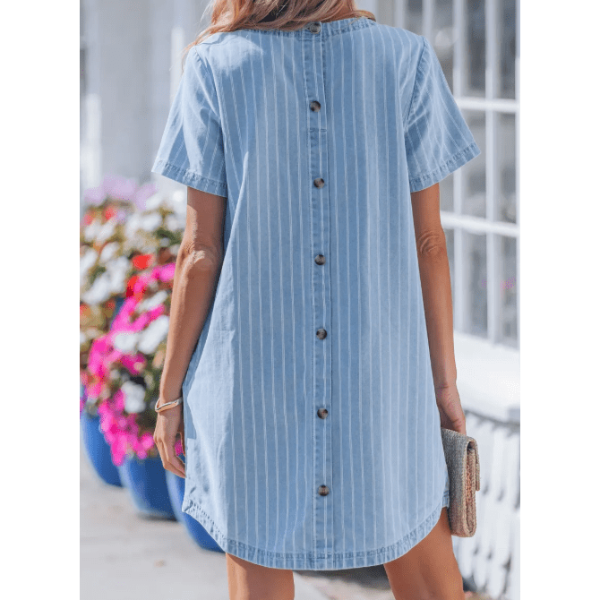 Courtnie Sky Blue Stripe Buttoned Back T-Shirt Denim Mini Dress