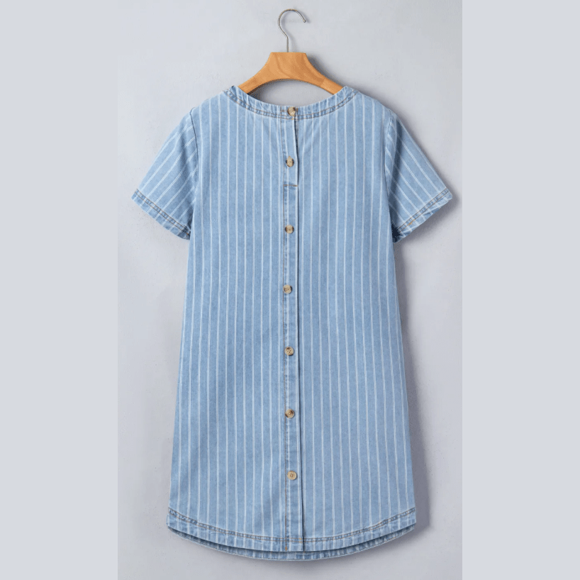 Courtnie Sky Blue Stripe Buttoned Back T-Shirt Denim Mini Dress