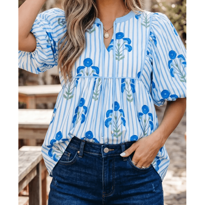Tanner Sky Blue Floral Print Tie Neck Puff Sleeve Blouse