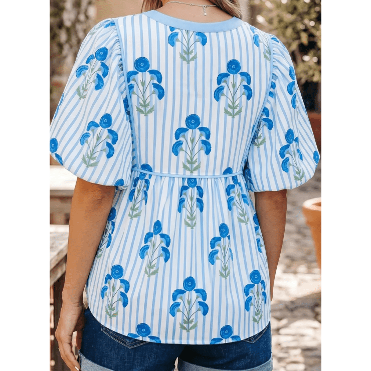 Tanner Sky Blue Floral Print Tie Neck Puff Sleeve Blouse