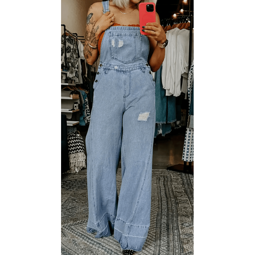 Kimble Mist Blue Retro Distressed Button Adjustable Straps Denim Overall Jumpsuit