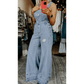 Kimble Mist Blue Retro Distressed Button Adjustable Straps Denim Overall Jumpsuit