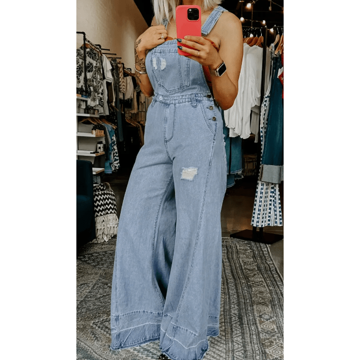 Kimble Mist Blue Retro Distressed Button Adjustable Straps Denim Overall Jumpsuit