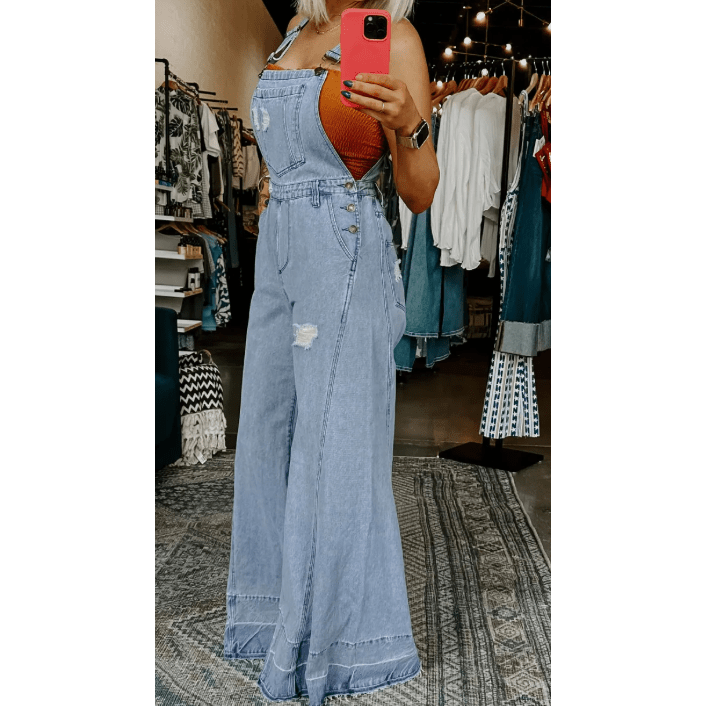Kimble Mist Blue Retro Distressed Button Adjustable Straps Denim Overall Jumpsuit