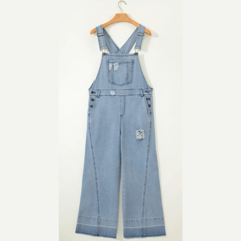 Kimble Mist Blue Retro Distressed Button Adjustable Straps Denim Overall Jumpsuit