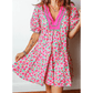 SALE!!!  Jabez Pink Floral Print V Neck Patchwork Short Bubble Sleeve Mini Dress
