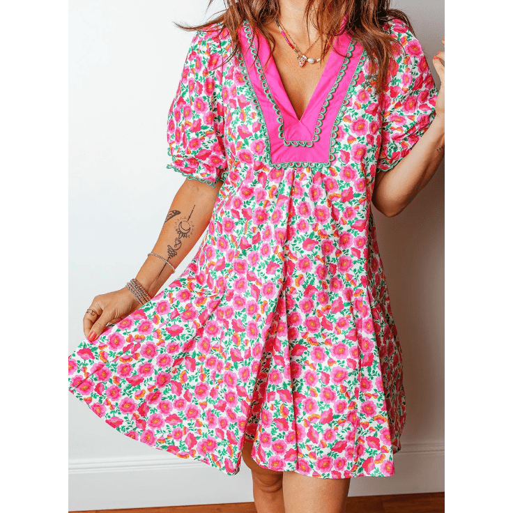SALE!!!  Jabez Pink Floral Print V Neck Patchwork Short Bubble Sleeve Mini Dress