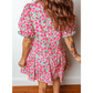 SALE!!!  Jabez Pink Floral Print V Neck Patchwork Short Bubble Sleeve Mini Dress