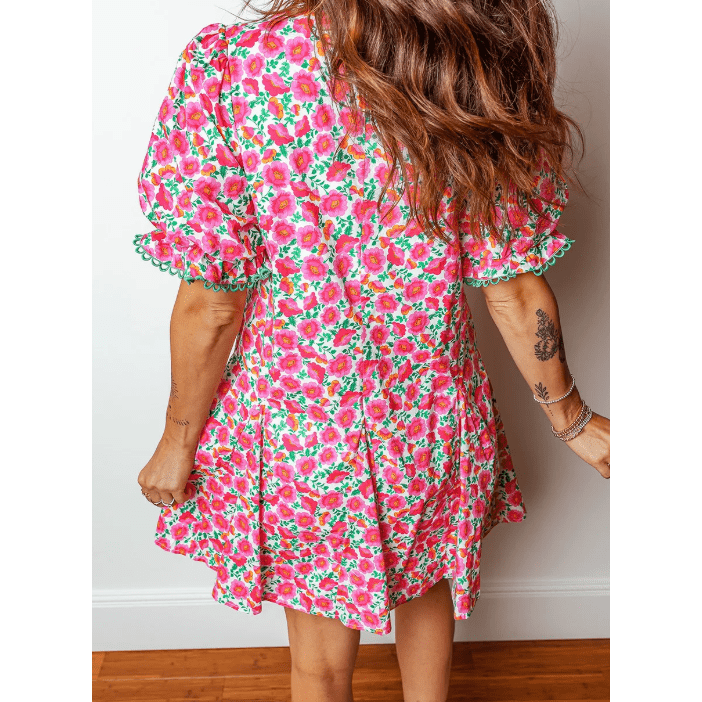 SALE!!!  Jabez Pink Floral Print V Neck Patchwork Short Bubble Sleeve Mini Dress
