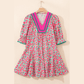SALE!!!  Jabez Pink Floral Print V Neck Patchwork Short Bubble Sleeve Mini Dress