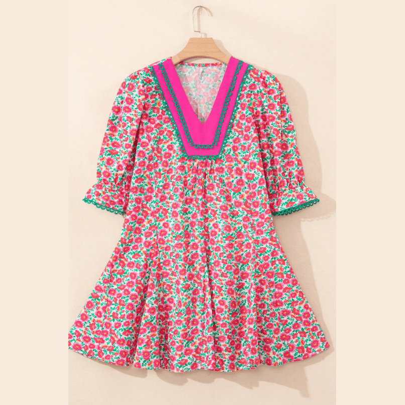 SALE!!!  Jabez Pink Floral Print V Neck Patchwork Short Bubble Sleeve Mini Dress