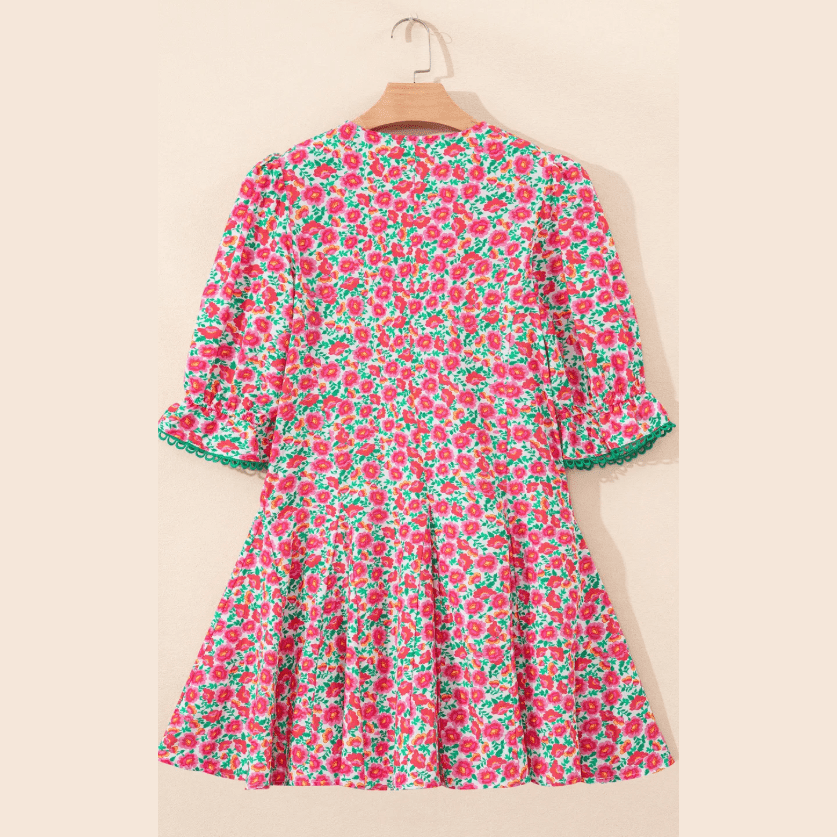 SALE!!!  Jabez Pink Floral Print V Neck Patchwork Short Bubble Sleeve Mini Dress