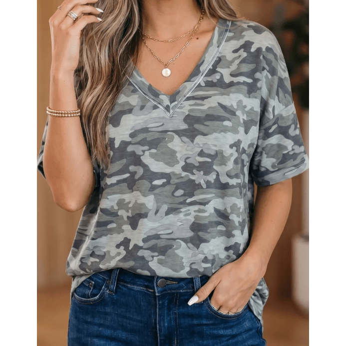 Raelynne Green Retro Camouflage Print Raw Edge V Neck Tee